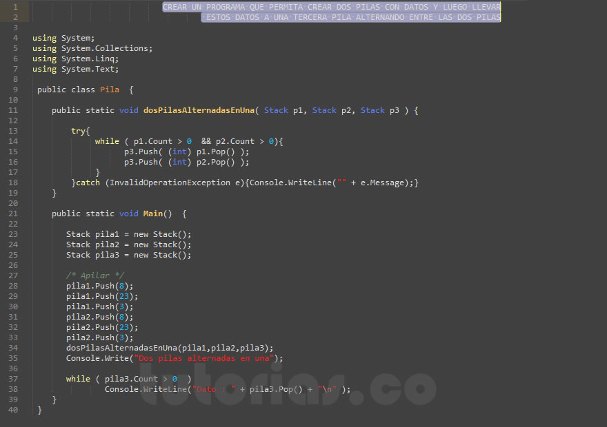 pilas + visualStudio c#  (dos pilas alternadas en una)