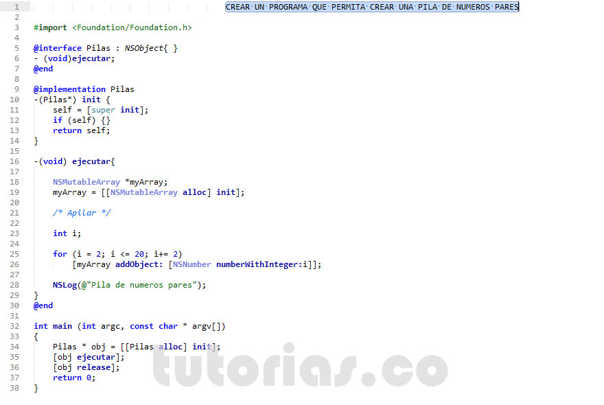 pilas + Objective C + POO  (pila de numeros pares)