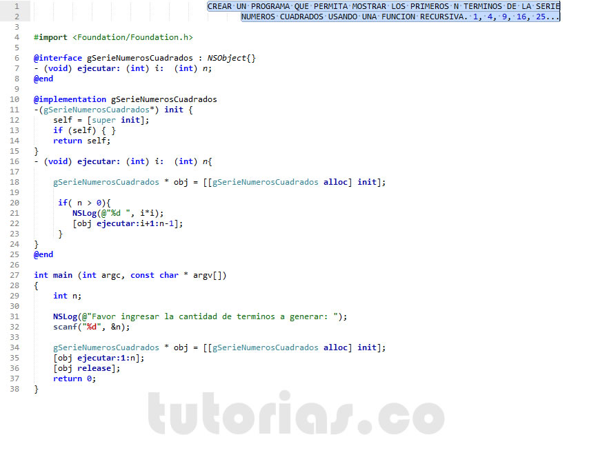 recursividad – Objective C + POO (serie numeros cuadrados)