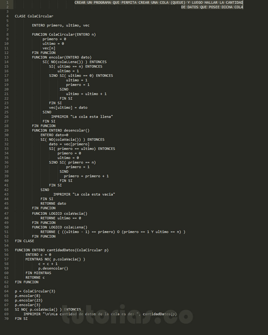 programacion en pseudocodigo: cantidad datos de una cola
