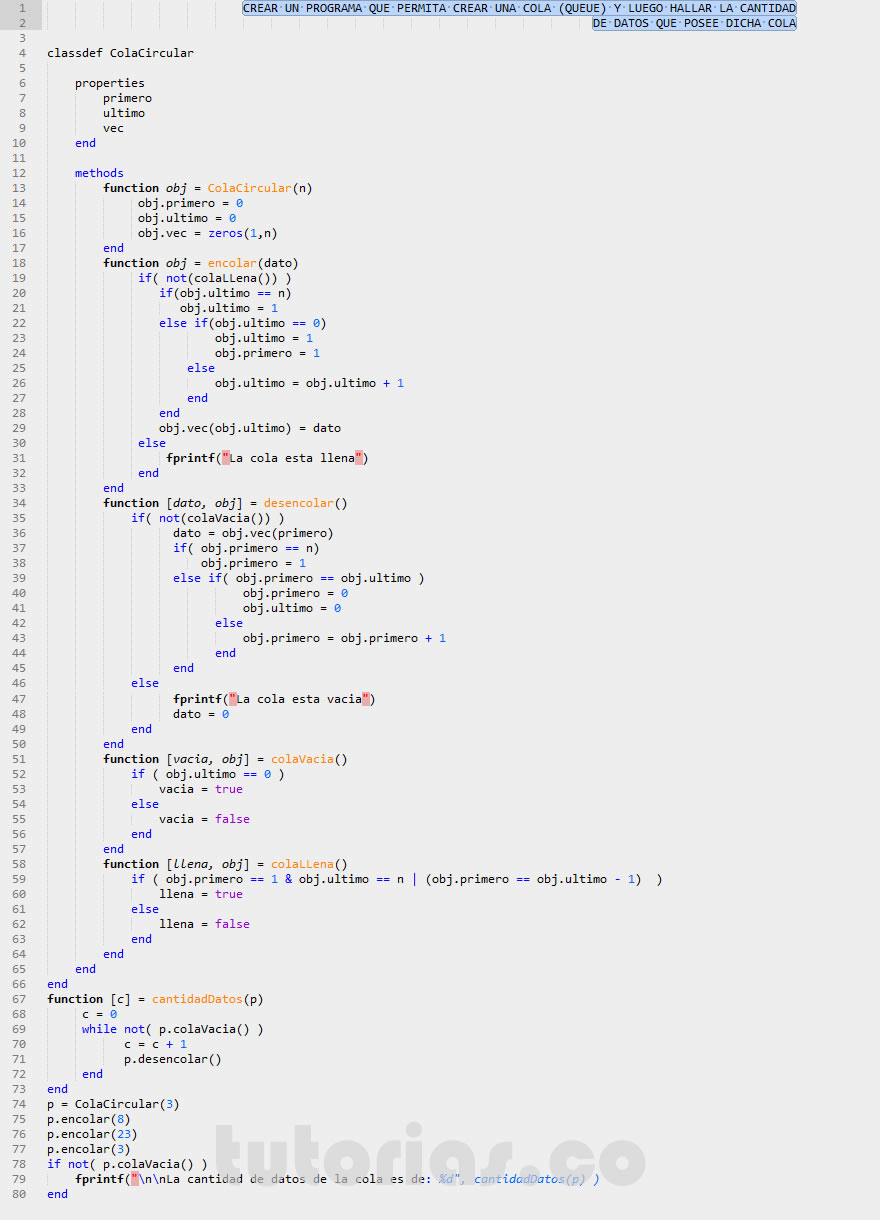 programacion en matLab: cantidad datos de una cola