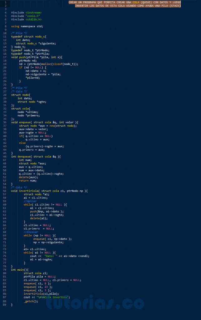 colas + visual C++ (invertir cola) | Tutorias.co