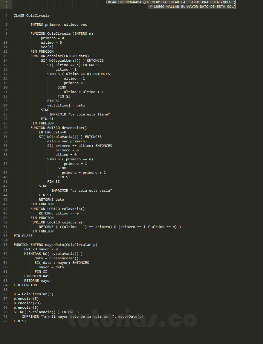 programacion en pseudocodigo: hallar mayor dato de una cola