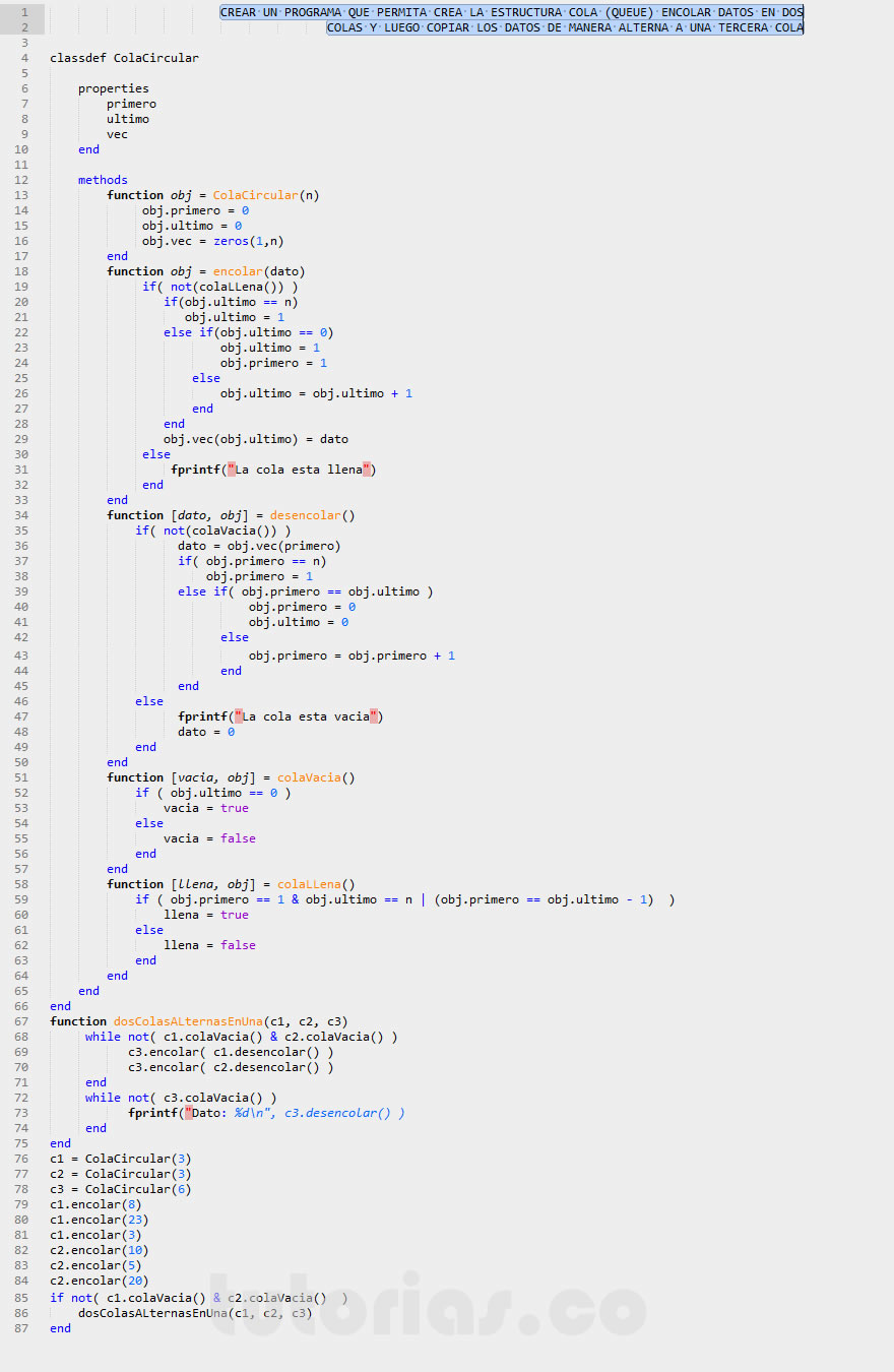 programacion en matlab: dos colas alternadas en una