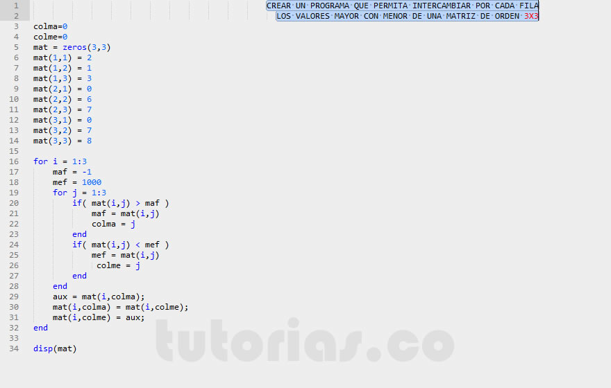arrays – matLab  (intercambiar dato mayor con menor en cada fila)