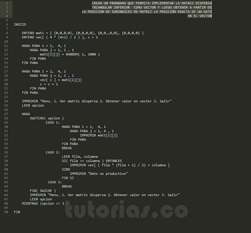 arreglos – pseudocodigo (matriz dispersa triangular inferior en vector)