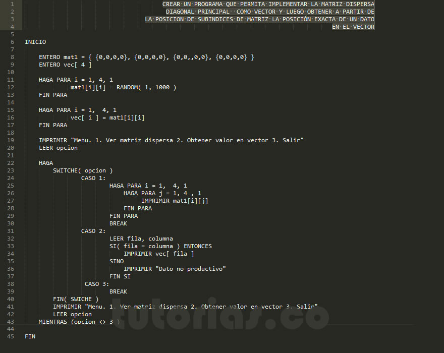 arreglos – pseudocodigo (matriz dispersa diagonal principal en vector)