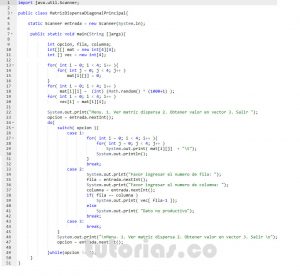 programacion en java: matriz dispersa diagonal principal