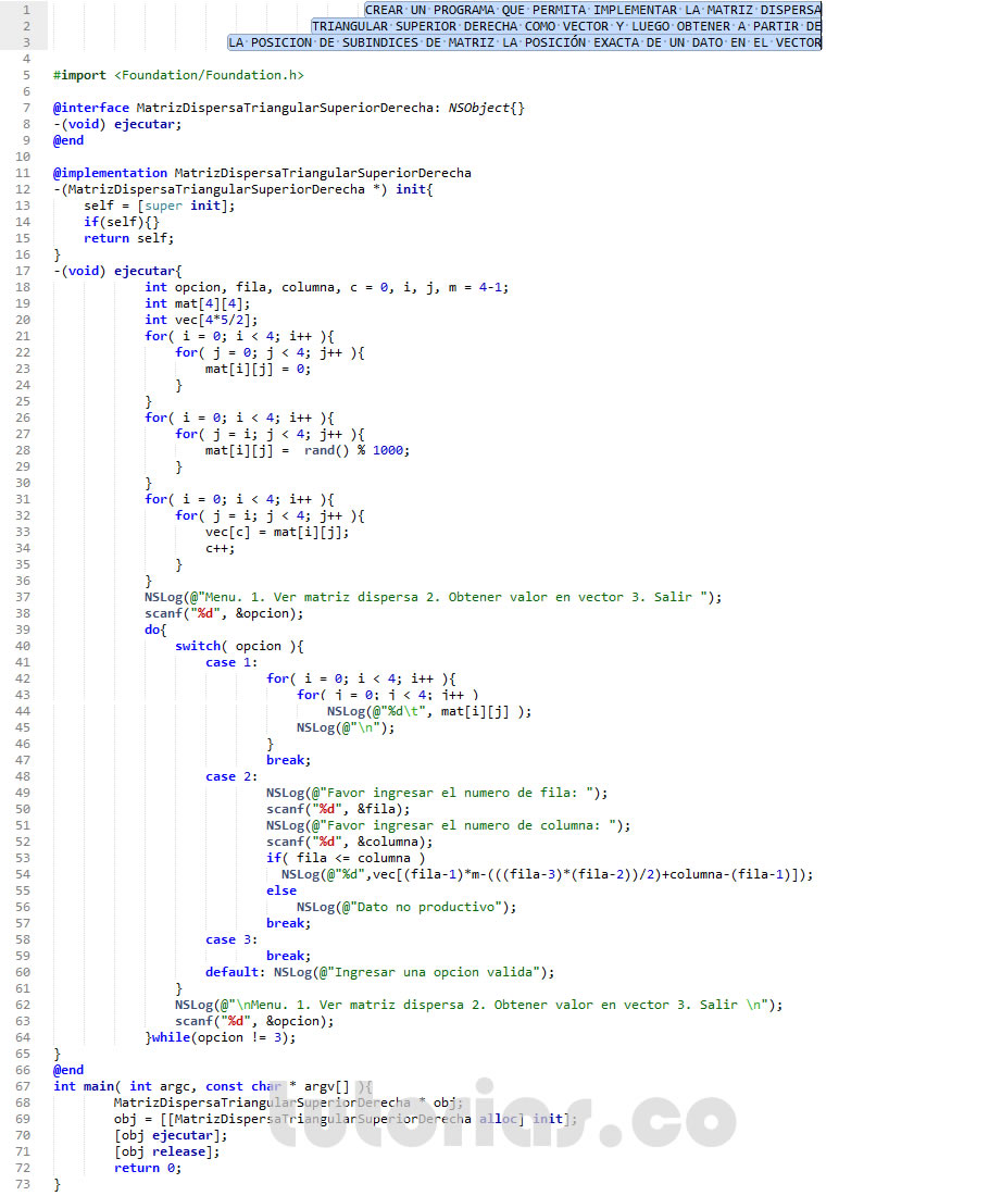 POO + Objective C (matriz dispersa triangular superior derecha en vector)