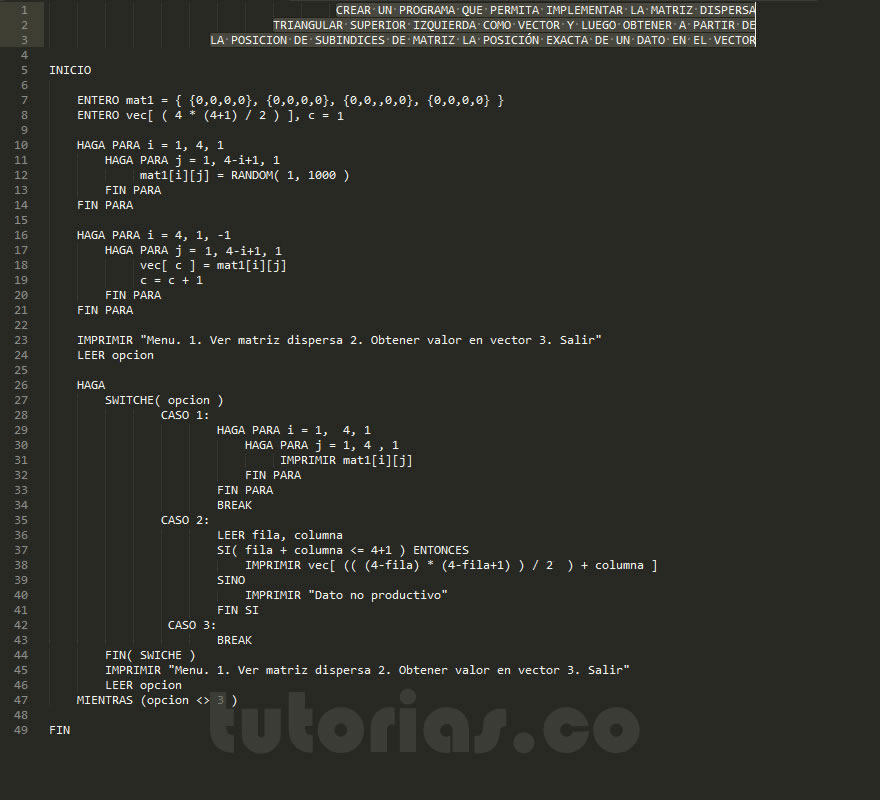 arreglos – pseudocodigo (matriz dispersa triangular superior izquierda en vector)