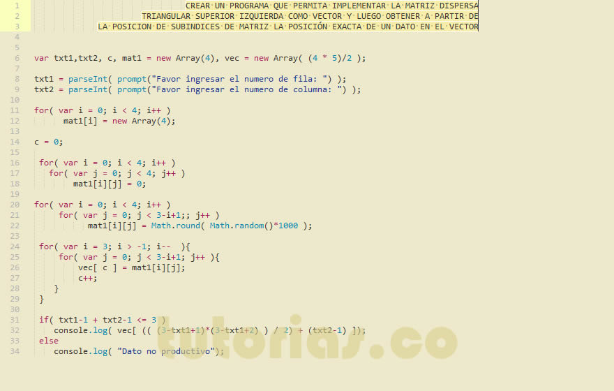 arrays + javascript (matriz dispersa triangular superior izquierda en vector)