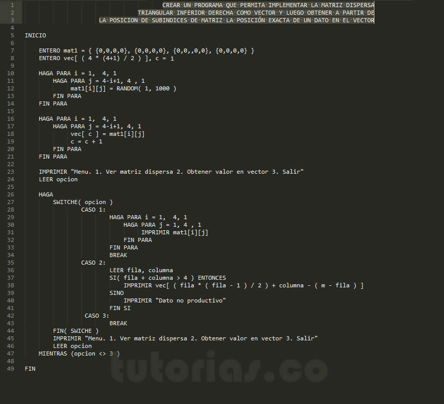 arreglos – pseudocodigo (matriz dispersa triangular inferior derecha en vector)