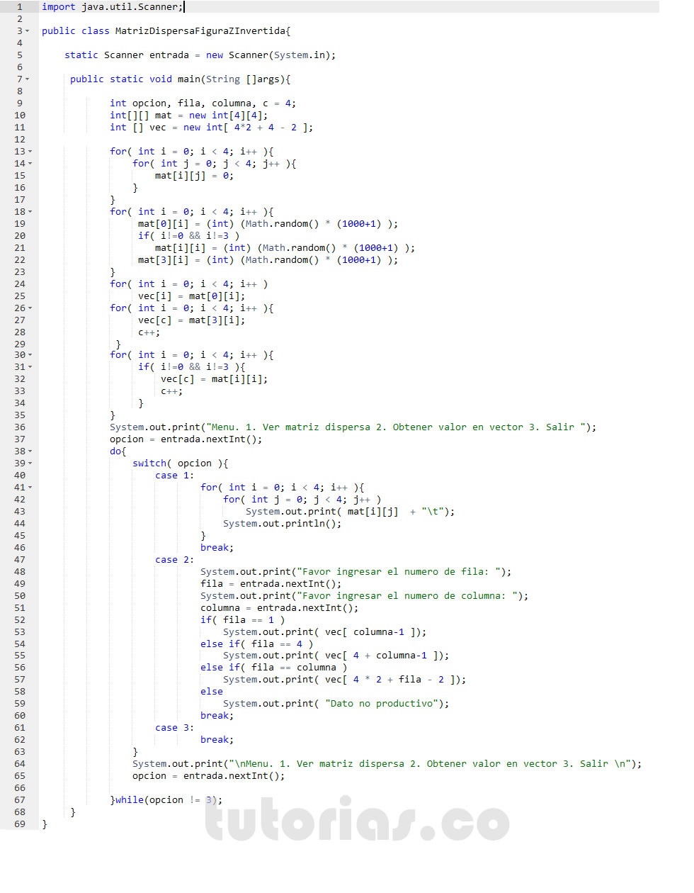 arrays – java (matriz dispersa figura Z invertida en vector)