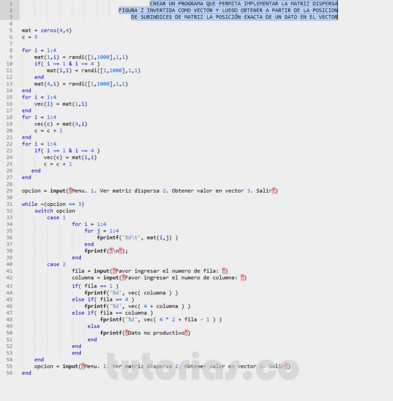 arrays matLab (matriz dispersa figura Z invertida en vector) Tutorias.co