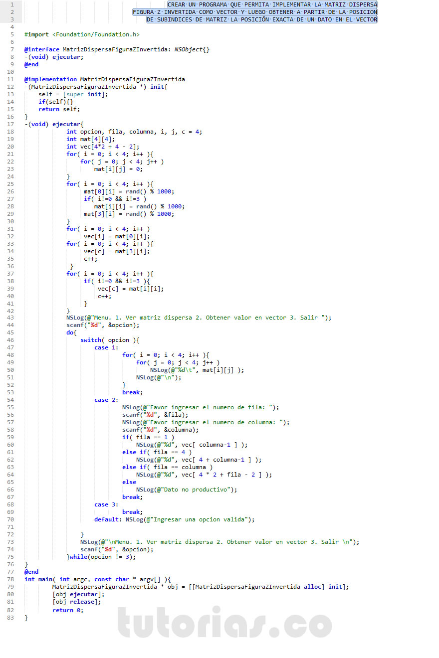 POO + Objective C (matriz dispersa figura Z invertida en vector)