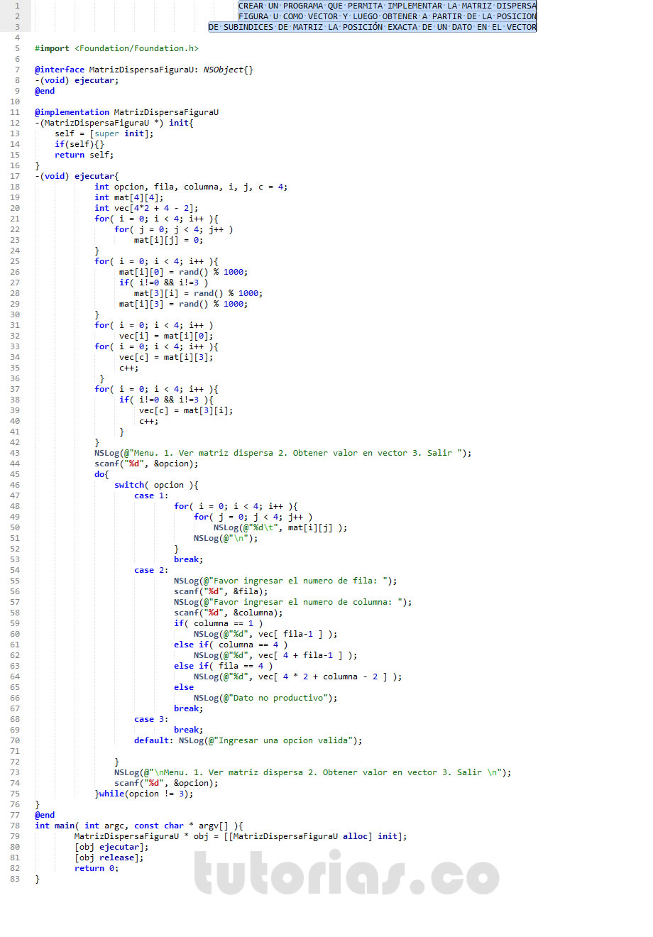 POO + Objective C (matriz dispersa figura U en vector)