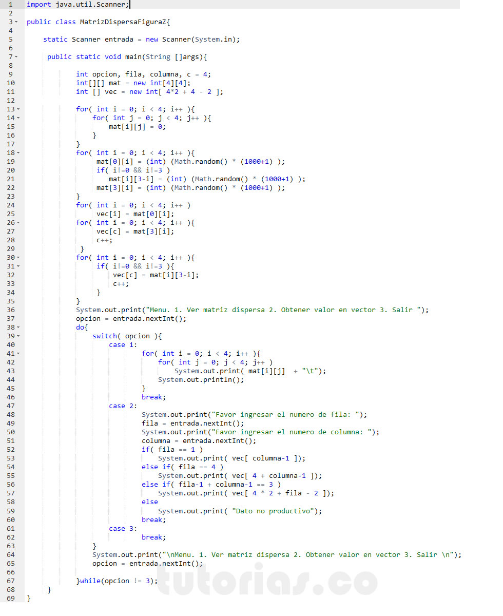 arrays – java (matriz dispersa figura Z en vector)