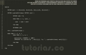 programacion en pseudocodigo: cuadrado de una matriz por sumas