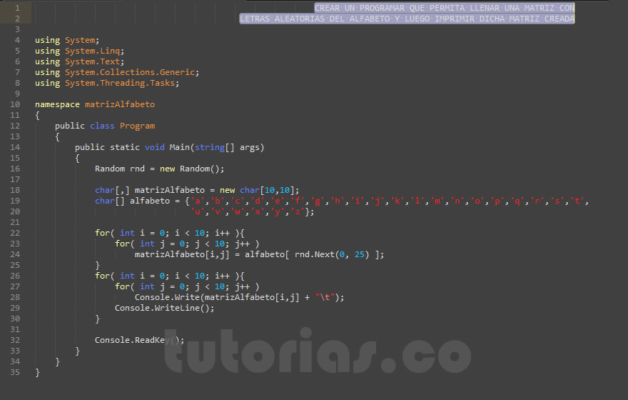 arrays – visualStudio c# (matriz alfabeto)