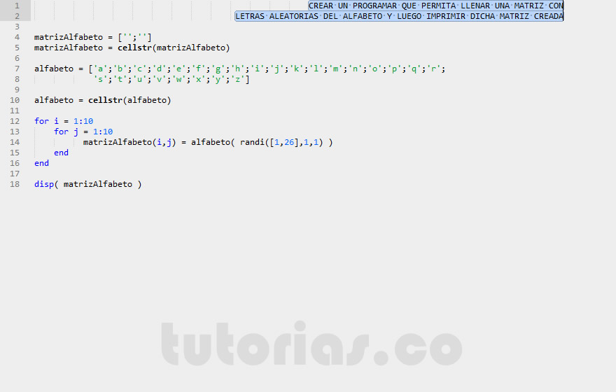 arrays – matLab  (matriz alfabeto)