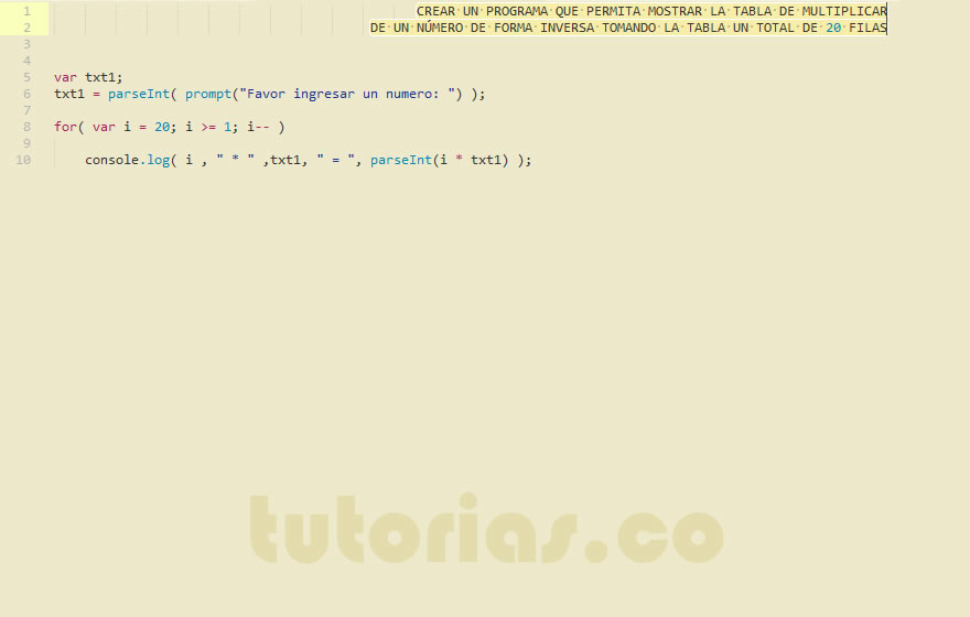 ciclo for + javascript (tabla de multiplicar en forma inversa)