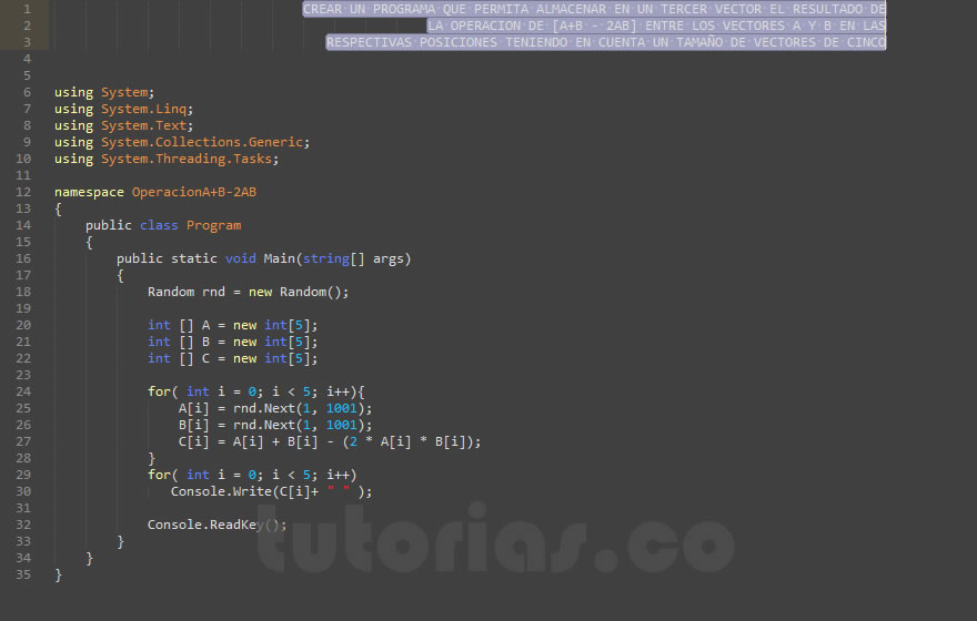 arrays – visualStudio c# (operacion entre vectores A+B-2AB)