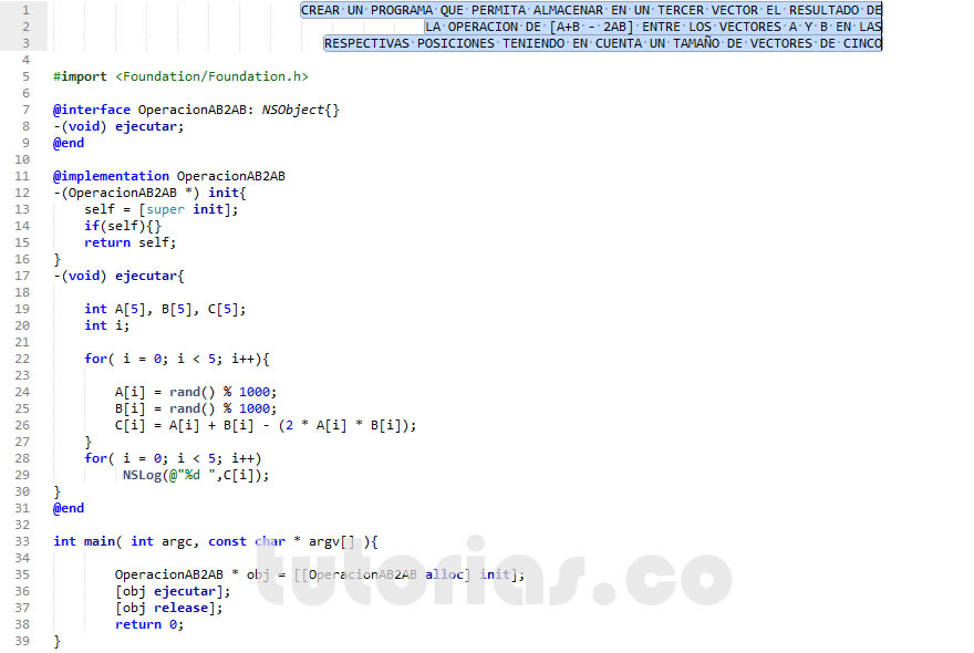 POO + Objective C (operacion entre vectores A+B-2AB)