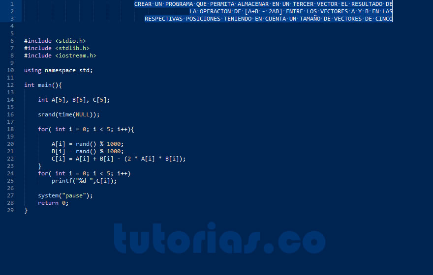 arrays – turbo C (operacion entre vectores A+B-2AB)