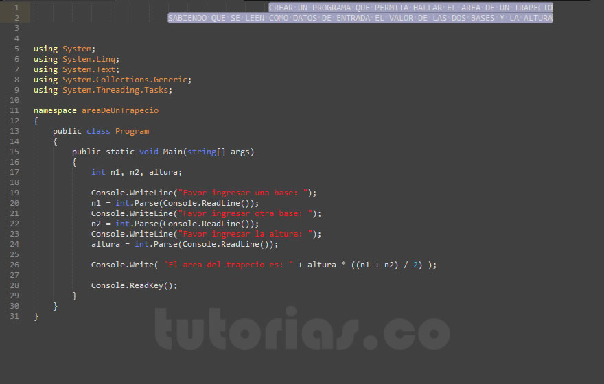 operadores – visualStudio c# (area de un trapecio)
