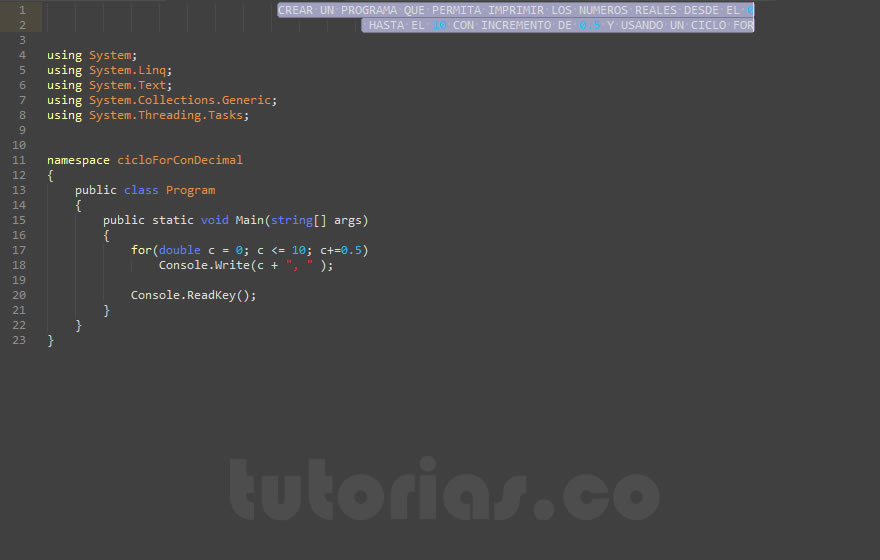 ciclo for – visualStudio c# (ciclo for con decimal)