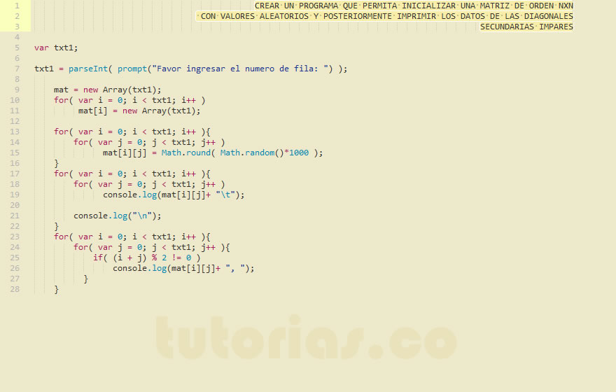 arrays + javascript  (datos diagonales secundarias impares)