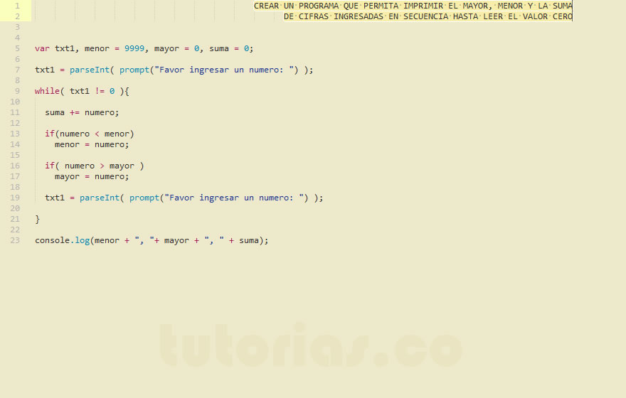 ciclo while – javascript (el menor mayor y suma de secuencia de numeros)