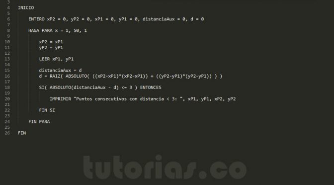 programacion en pseudocodigo: puntos consecutivos con distancia menor a 3