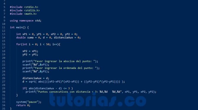 programacion en turbo C: puntos consecutivos con distancia menor a 3