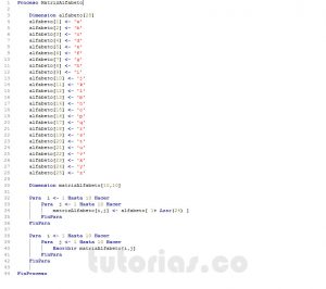 programacion en pseint: matriz alfabeto