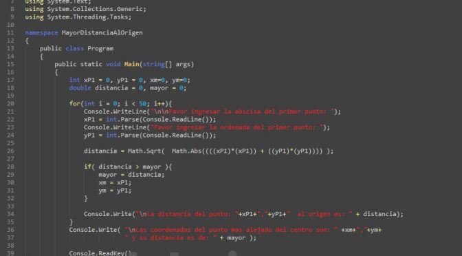 programacion en C#: mayor distancia al origen