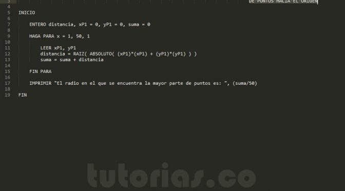 programacion en pseudocodigo: promedio distancias al origen