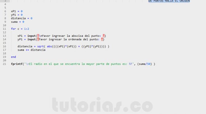 ciclo for – matLab (promedio distancias al origen)