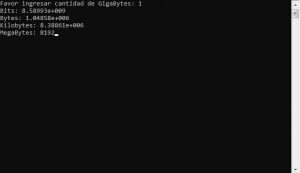 resultado ejecucion programa: conversion de gigabytes