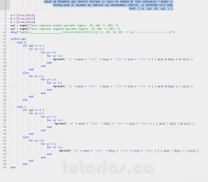 programacion en matLab: tabla de verdad