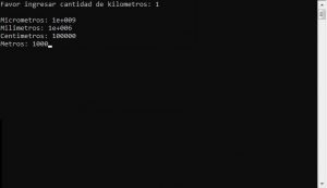 resultado ejecucion programa: conversion de kilometros