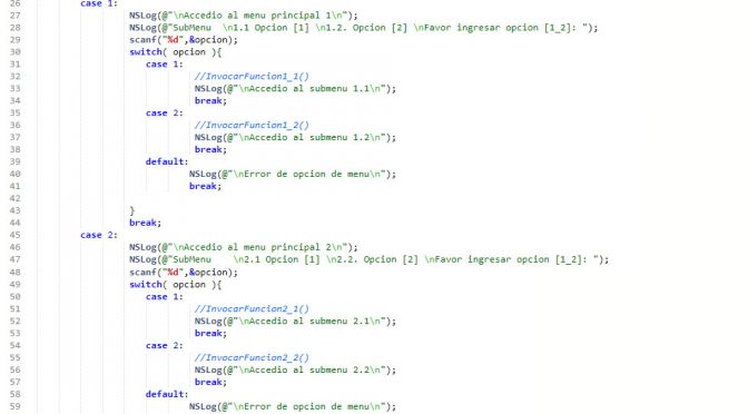 programacion en objective C: menu y submenu por consola