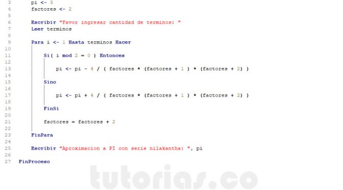 programacion en pseint: serie matematica nilakantha