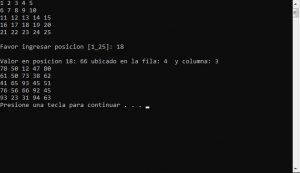 resultado ejecucion programa: posicion exacta de valor en matriz
