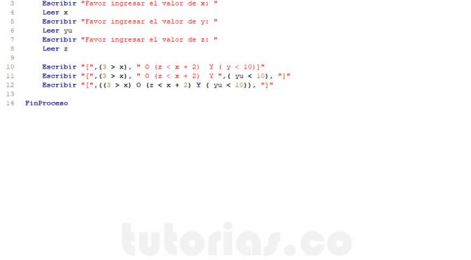 programacion en pseint: operacion logica relacional paso a paso