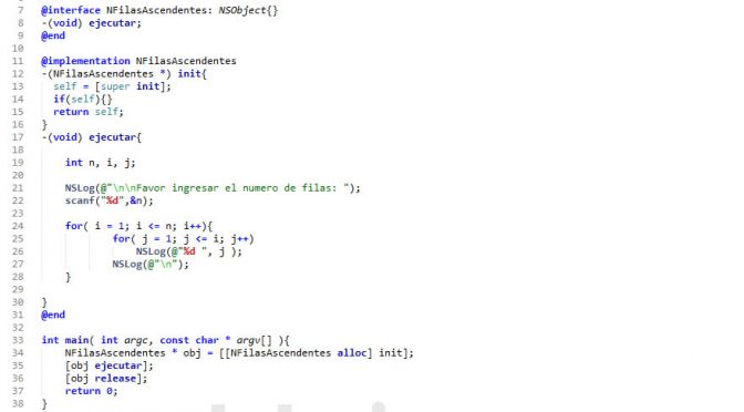 programacion en objective C: n filas de numeros ascendentes