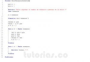 programacion en pseint: serie fibonacci invertida