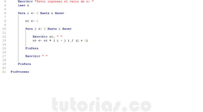 programacion en pseint: triangulo de pascal