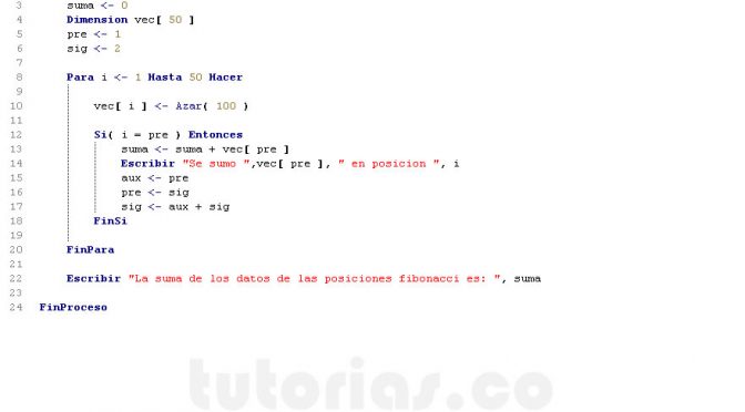 programacion en pseint: suma vector posiciones fibonacci