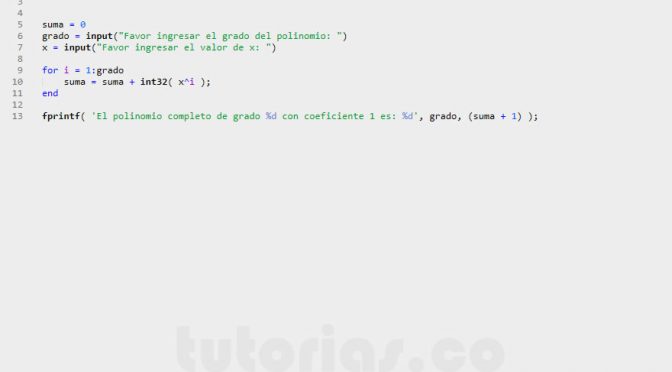 programacion en matLab: valor polinomio completo